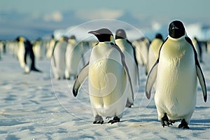 Emperor Penguins Marching on Antarctic Ice. Generative AI