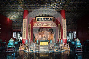The Emperor's throne inside the Palace of Heavenly Purity at the Forbidden City, Beijing