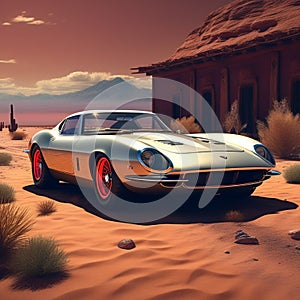 emphasize the contrast between the vibrant sports car and the muted desert backdrop trending