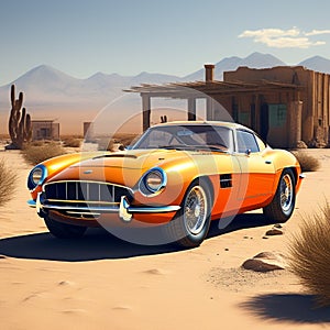 emphasize the contrast between the vibrant sports car and the muted desert backdrop trending