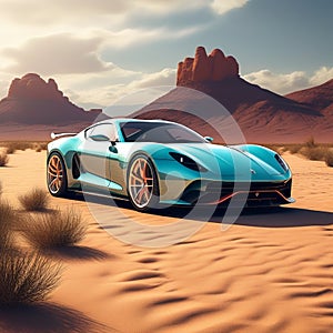 emphasize the contrast between the vibrant sports car and the muted desert backdrop trending