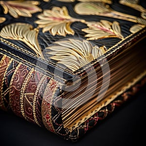 Emphasize the intricate patterns and textures of different bookbinding techniques from a unique highangle perspective Showcase the