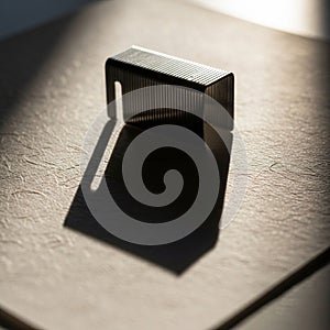 Emphasizes the simplicity and geometric design of the staple, creating