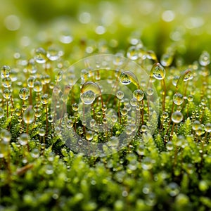 Emphasizing the sharp details of the droplets and moss creating a