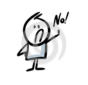 Emphatic doodle stickman character makes a negative hand gesture and says no. photo