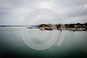 Empire Dock in Coos Bay, Oregon, aerial panorama.