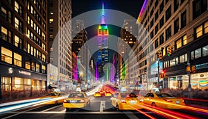 The Empire State Building in rainbow lights, Ai generated image
