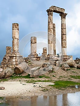 Emple of Hercules at Amman Citadel in rainy day