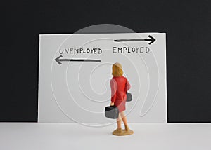 Employed or unemployed options with arrows. Little woman stand and thinking about future