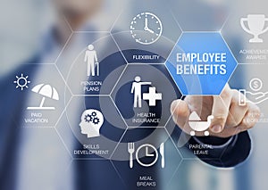 Employee benefits compensation package with health insurance, paid vacation, pension plans, parental leave, perks and bonuses.