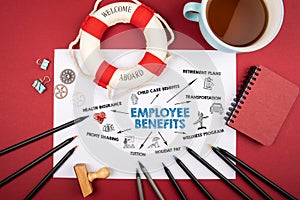 Employee Benefits. Health insurance, Retirement Plans and Profit Sharing concept. Red office desk