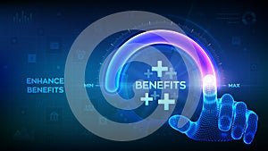 Employee benefits help to get the best human resources. Hand is pulling up to the maximum position circle progress bar with the