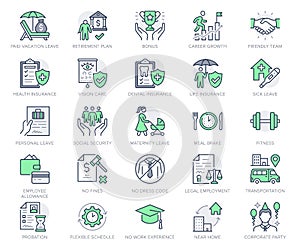 Employee benefits line icons. Vector illustration with icon - hr, perks, organization, maternity rest, sick leave