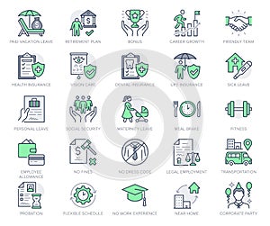 Employee benefits line icons. Vector illustration with icon - hr, perks, organization, maternity rest, sick leave photo