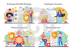 Employee benefits package concept set. Compensation supplementing