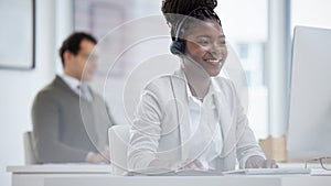 Employee, black woman and happy on computer at call center for customer or client support and service. Office, crm and