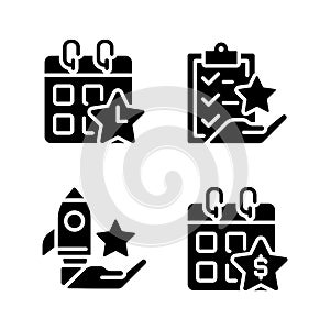 Employee bonus program black glyph icons set on white space