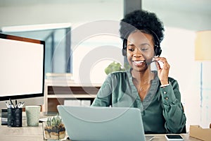 Employee, call center or black woman with a laptop, connection or customer service in a workplace. Female person, agent