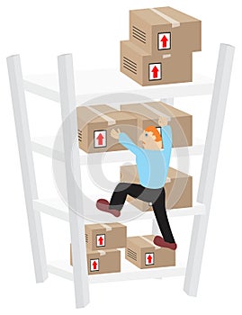 An employee climbing shelf at warehouse to get goods