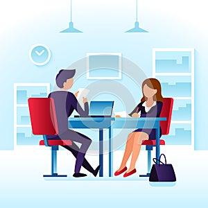 Employee contender woman and impressed employer interviewer. Job interview, meet at table cartoon vector concept photo