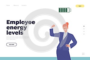 Employee energy level landing page design template with strong happy businesswoman active position