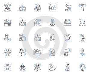 Employee ethos line icons collection. Integrity, Commitment, Responsibility, Diligence, Reliability, Trusrthiness