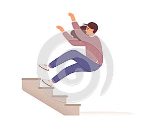 Employee falling down from career ladder. Fall of woman from stairs. Failure, fiasco, problem, trouble and mistake