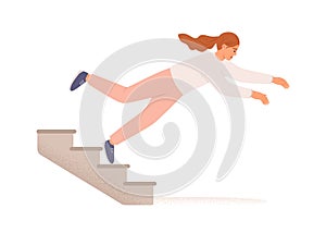 Employee falling down from career ladder. Sudden fall of woman from stairs. Work failure, fiasco, life problems and