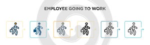 Employee going to work vector icon in 6 different modern styles. Black, two colored employee going to work icons designed in