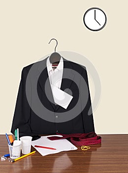 Employee gone home leaving note - suit, letter and clock