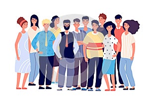 Employee group portrait. Young smiling people, business team. Happy laughing teenagers friends together. Vector cartoon