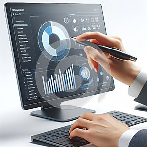 employee hand with pen pointing on screen with pie chart and diagrams