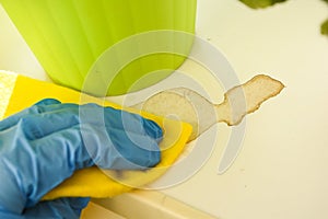 Employee hand in rubber glove with micro fiber cloth cleaning