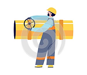 Employee in helmet and uniform of oil refinery turns valve on large pipe. Vector flat cartoon illustration of gas or oil