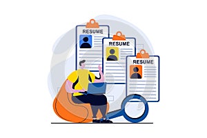 Employee hiring process concept with people scene in flat cartoon design.