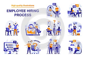 Employee hiring process web concept with people scenes set in flat style. Bundle of human resources, choose resume, open vacancy