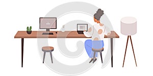 Employee at laptop computer replacing absent person. Woman at office desk and empty chair, vacant workplace. Absence