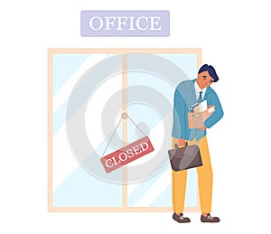 Employee leaving closed office, vector illustration. Dismissal, job loss, staff reduction, bankruptcy, economic crisis.