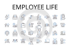 Employee life line icons collection. Job security, Workspace wellness, Career milests, Work culture, Staff relations