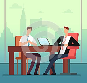 Employee man and interviewer boss meeting in office. Job interview and recruitment vector cartoon concept photo