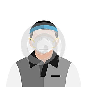 An employee man wear hygienic mask and anti-saliva clear plastic sanitary mask to protect virus infection and secretions vector