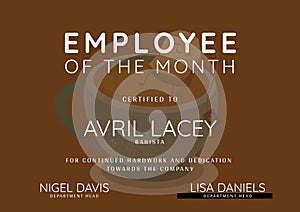 Employee of the month, barista text with name and details over coffee cup on brown background