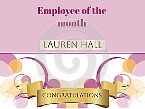 Employee of the month, congratulations text with name on pink and gold with decoration