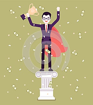 Employee of month, happy man on pedestal
