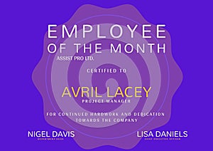 Employee of the month, project manager text and details over purple seal on blue background
