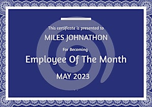 Employee of the month text with name and date on blue with decorative border