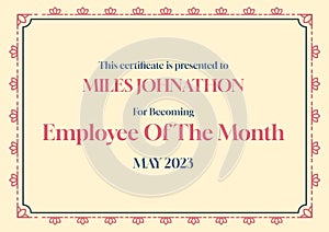 Employee of the month text with name and date on cream with decorative border