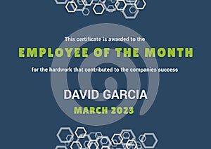 Employee of the month text with name and date in green and white on blue with hexagon designs