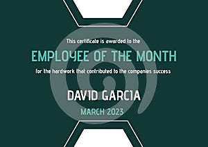 Employee of the month text with name and date in white and blue on dark green with cut out detail