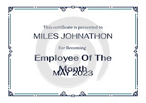 Employee of the month text with name and date on white with decorative border